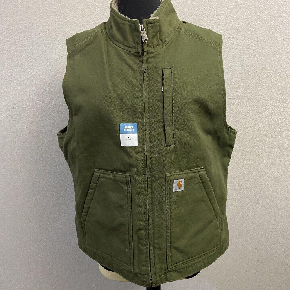 Carhartt Women's Washed Duck Sherpa Lined Mock Neck Vest L Relaxed Fit Green